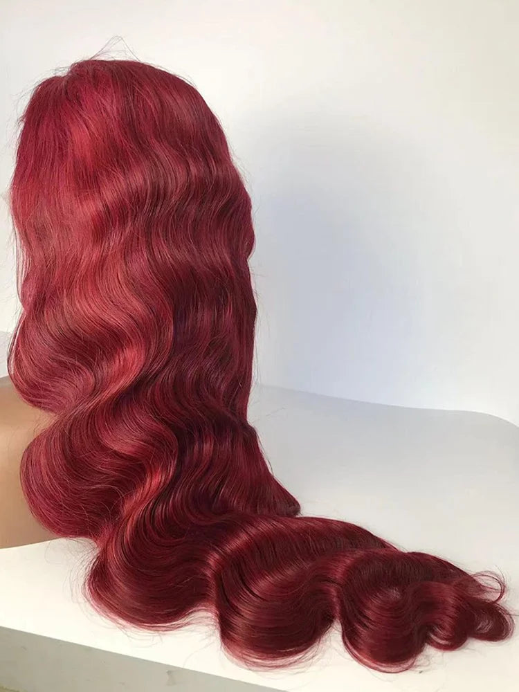 Perruque Lace Front Wig Body Wave Brésilienne Naturelle, Cheveux Humains, Couleur Bordeaux 99J, 13x6, Transparent HD