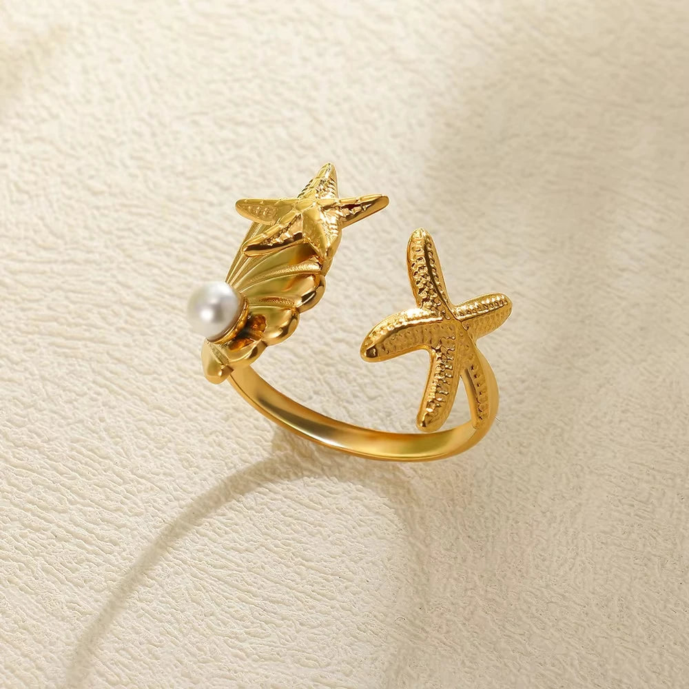 Bagues ouvertes en forme d'étoile de mer pour femmes, couleur or, en acier inoxydable, pour l'été, plage, esthétique, étanche, bijoux cadeau