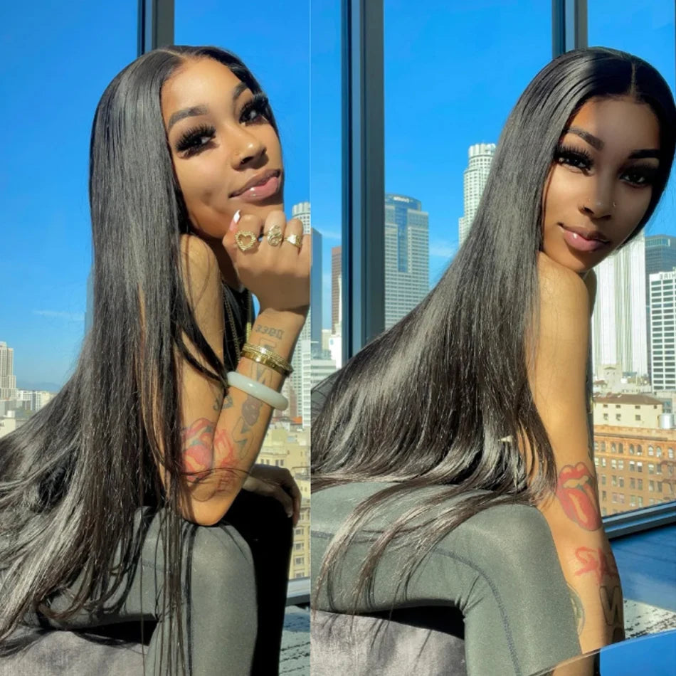 Wear And Go sans colle HD Transparent perruques cheveux humains dentelle frontale brésilienne droite prêt à porter 13X4 dentelle frontale perruque 32 pouces