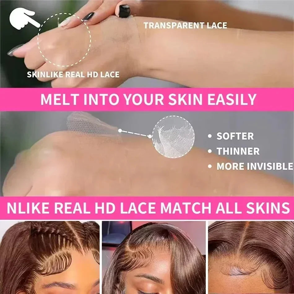 Perruque 13x6 en cheveux humains, dentelle frontale HD pré-plumée, couleur chocolat brun #4, raide, longueur 36 pouces, look naturel et élégant