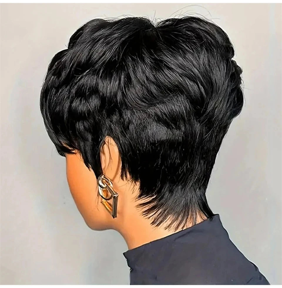 Perruques de cheveux humains courts coupe lutin droite perruque bresillienne pour les femmes noires pleine Machine faite perruques avec frange perruque pas cher