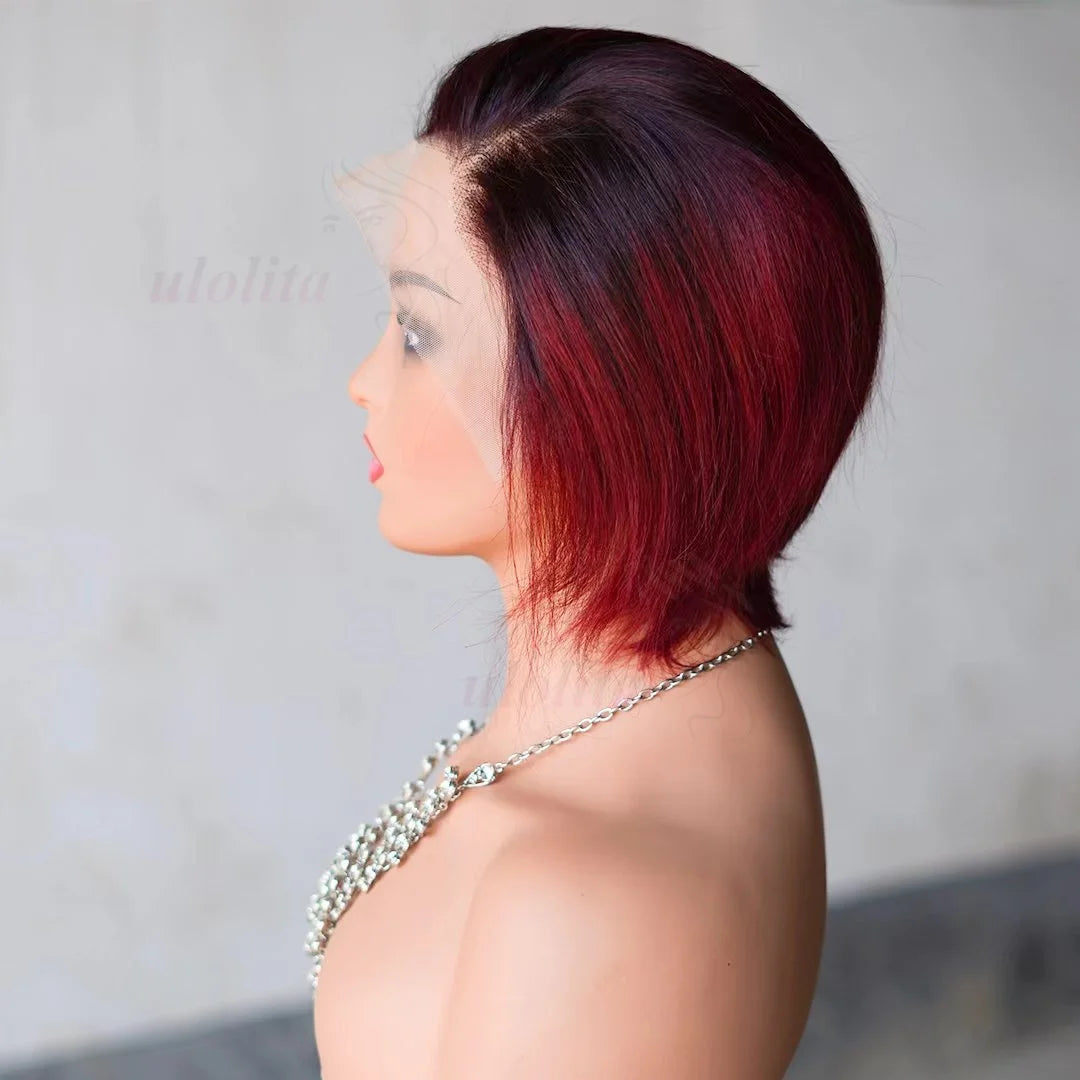 Perruque bob courte T1B/99J en cheveux humains malaisiens Remy, raides, à porter sans colle, style coupe lutin