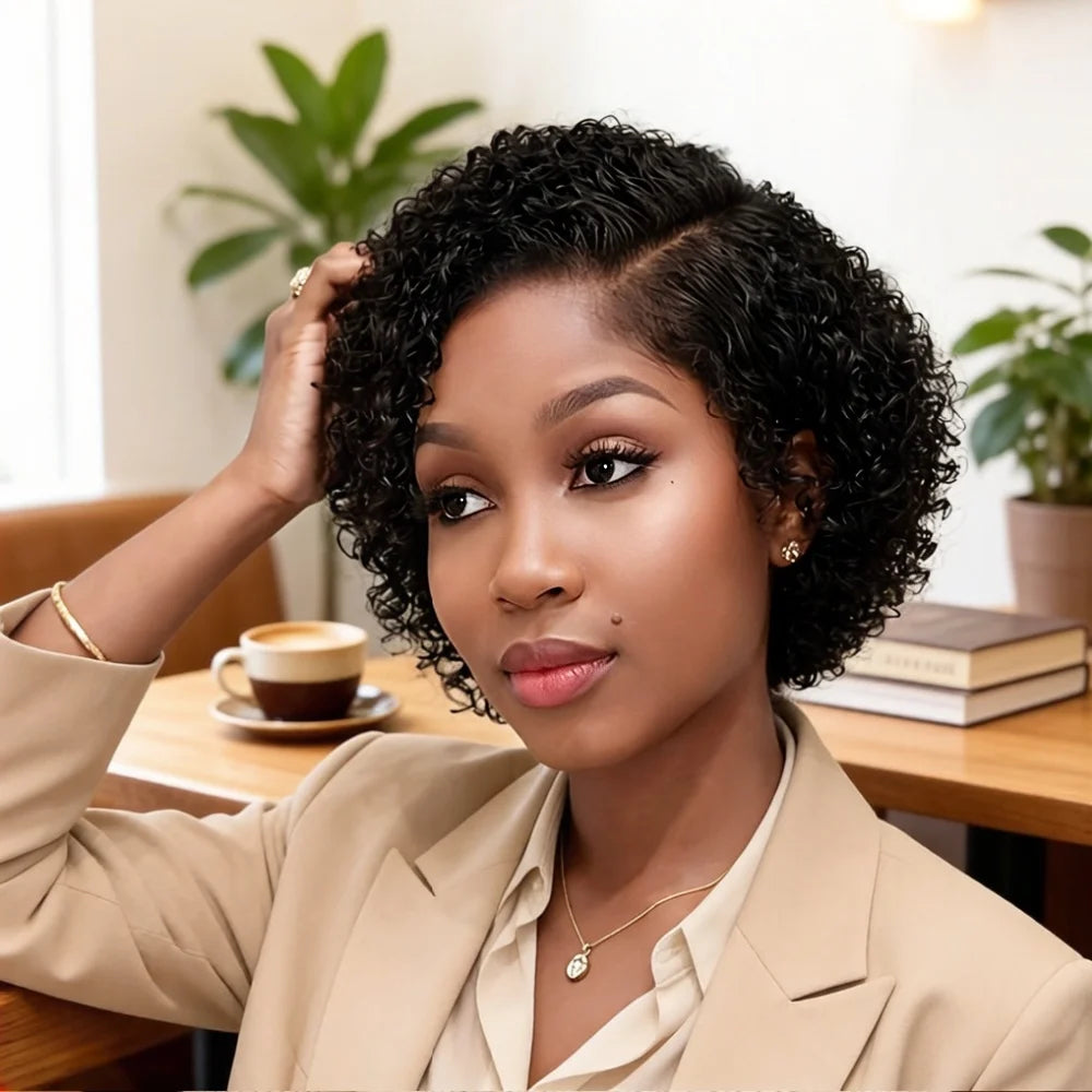 Perruque élégante en cheveux humains Remy, coupe pixie ondulée bouclée, avec dentelle frontale 13x4x1 pré-épilée pour femmes