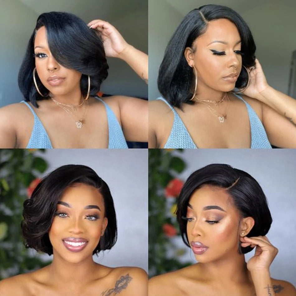 Cheveux humains 13X2 perruques courtes coupe lutin perruques droites Bob HDTransparent dentelle frontale perruques pour les femmes noires 250 densité Perruque pas cher