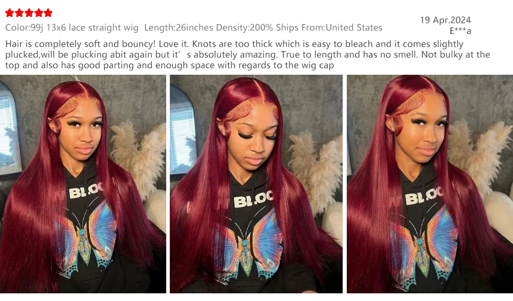 Perruque Lace Front Wig naturelle lisse, cheveux humains, couleur bordeaux 99J, haute densité 200, 13x6, HD, ultraviolette, 13x4, pour femmes