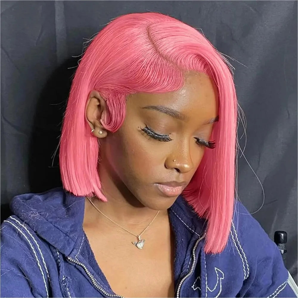 Cheveux humains Rose Rose droite Bob perruques pour femmes brésiliennes 13X4 dentelle avant perruques courtes dentelle frontale pré-plumée couleur Rose Bob perruque