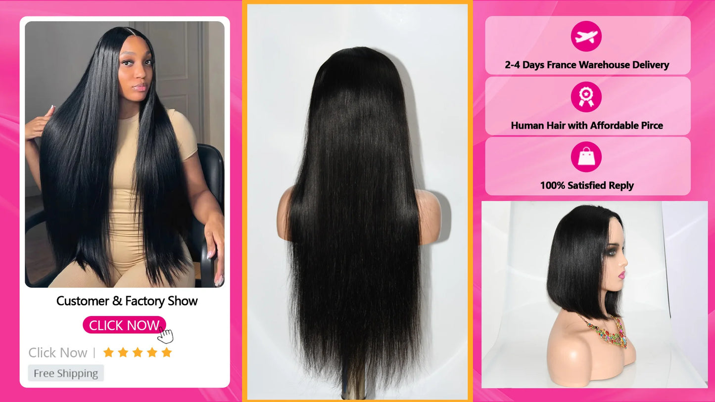 Perruque Courte 13X6 Transparent 15A Bob Wig Perruques Cheveux Humains Wigs Human Hair Cheveux Humain Naturel Droit Human Hair