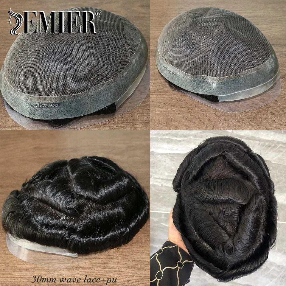 Perruque de cheveux humains en dentelle française avec PU pour homme, toupet confortable, vague naturelle, système de remplacement, prothèse capillaire masculine durable