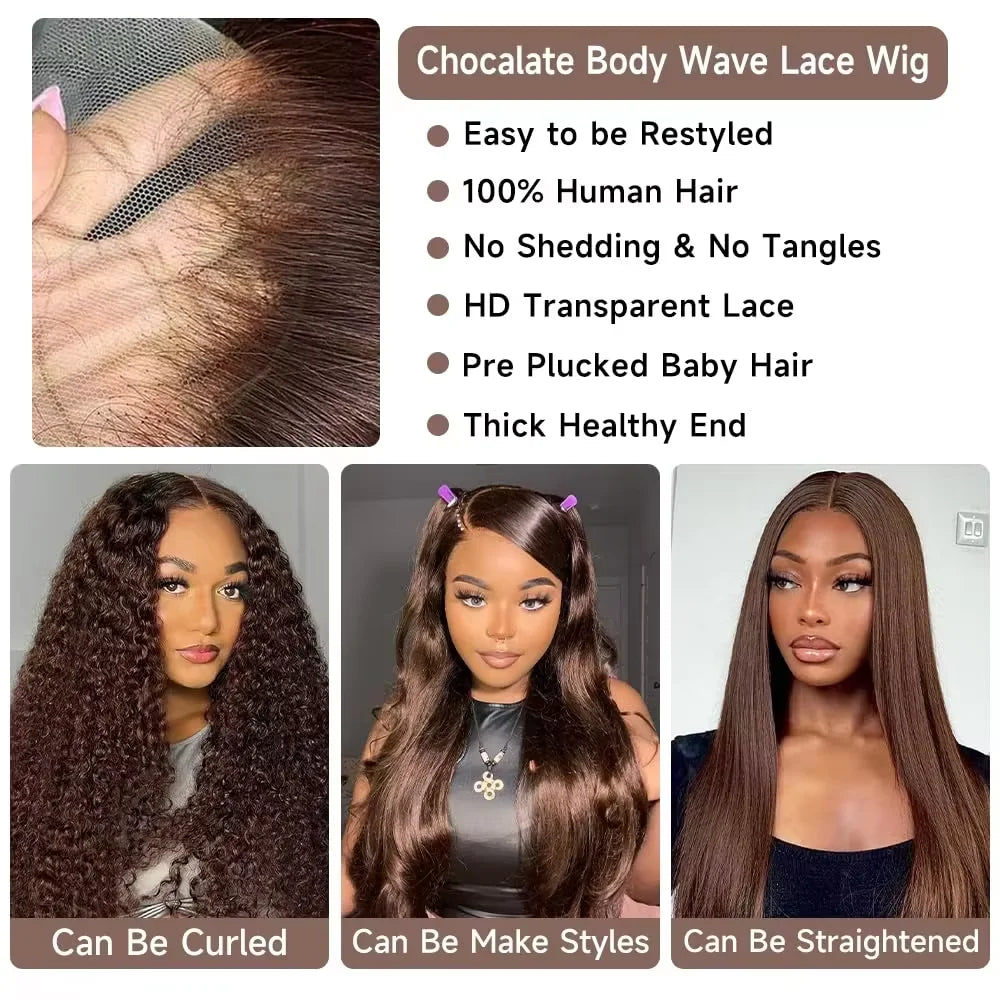 13x6 chocolat brun HD dentelle avant perruques de cheveux humains vague de corps perruque de cheveux humains 46 pouces 200 densité couleur perruques de cheveux humains pour les femmes