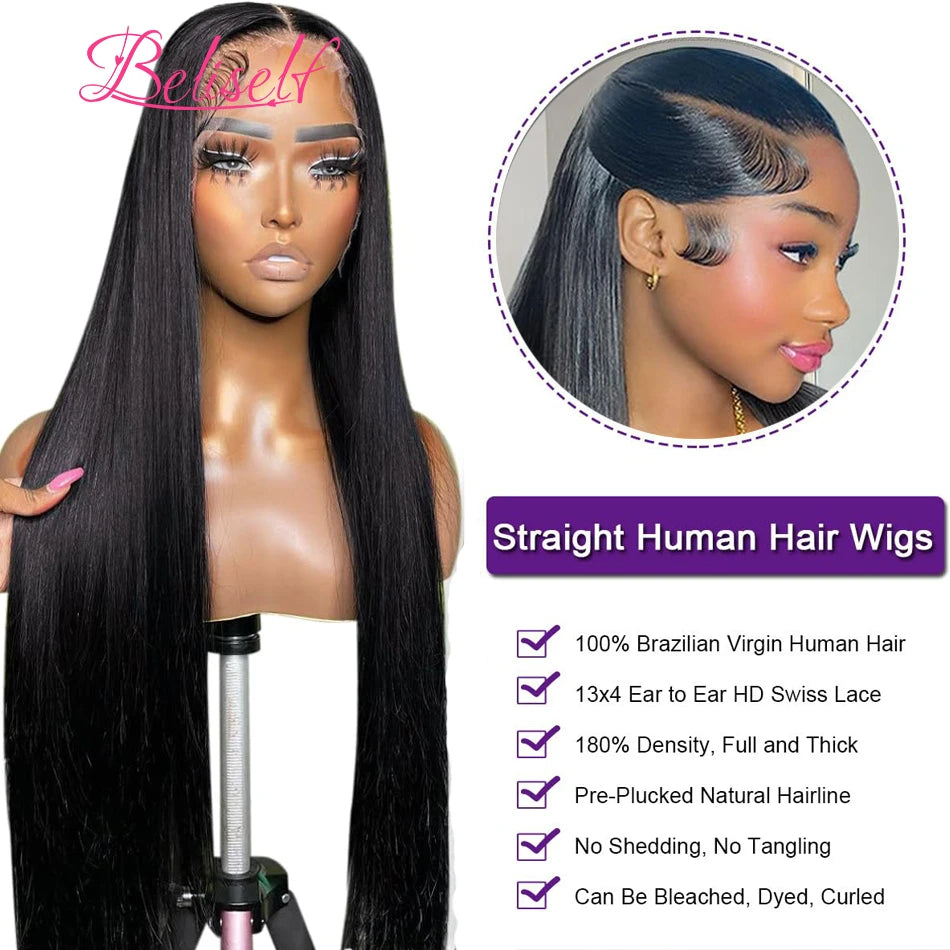 Perruque Lace Front Wig naturelle lisse, cheveux humains, Transparent HD, 13x4, 13x6, pre-plucked, 5x5, HD, Lace Closure, Beliself