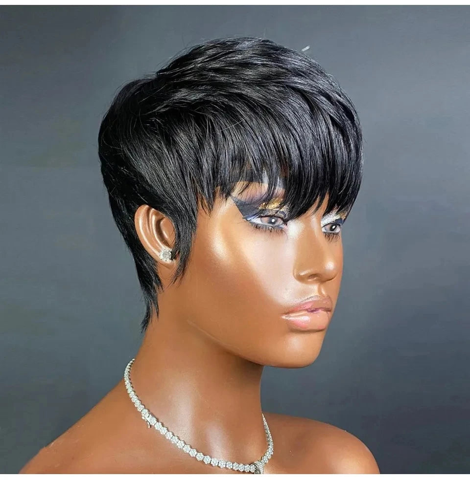 Perruques de cheveux humains courts coupe lutin droite perruque bresillienne pour les femmes noires pleine Machine faite perruques avec frange perruque pas cher