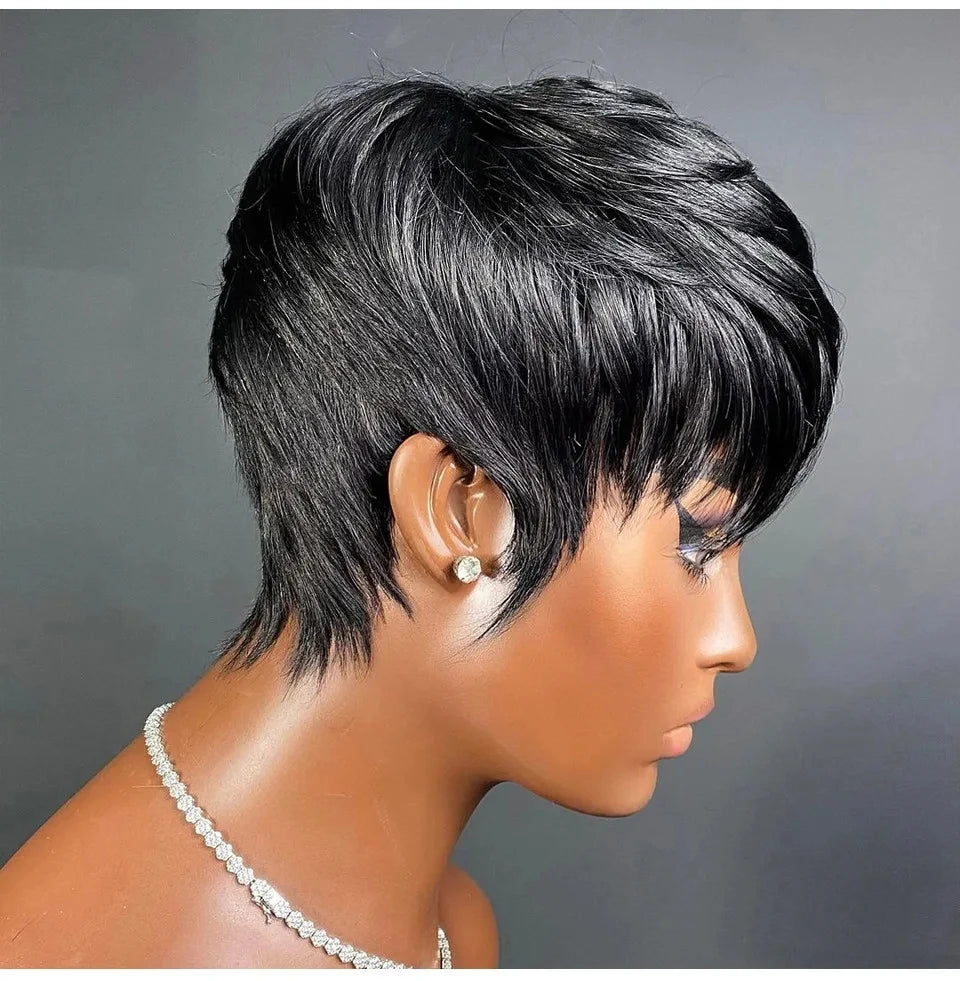 Perruques de cheveux humains courts coupe lutin droite perruque bresillienne pour les femmes noires pleine Machine faite perruques avec frange perruque pas cher