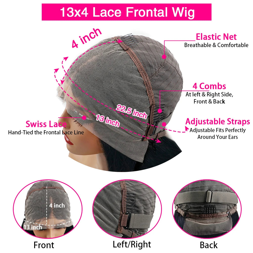 Perruque bob 13x4 en cheveux humains, lisses et courts, couleur bordeaux 99J, dentelle frontale HD transparente, pré-plumée, longueur 8-14 pouces, densité 200%, look naturel et élégant