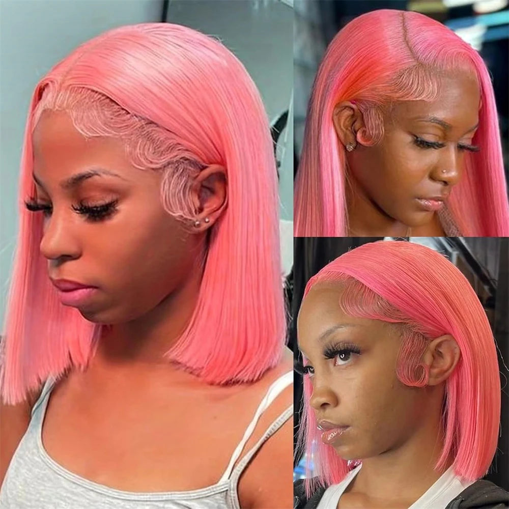 Cheveux humains Rose Rose droite Bob perruques pour femmes brésiliennes 13X4 dentelle avant perruques courtes dentelle frontale pré-plumée couleur Rose Bob perruque