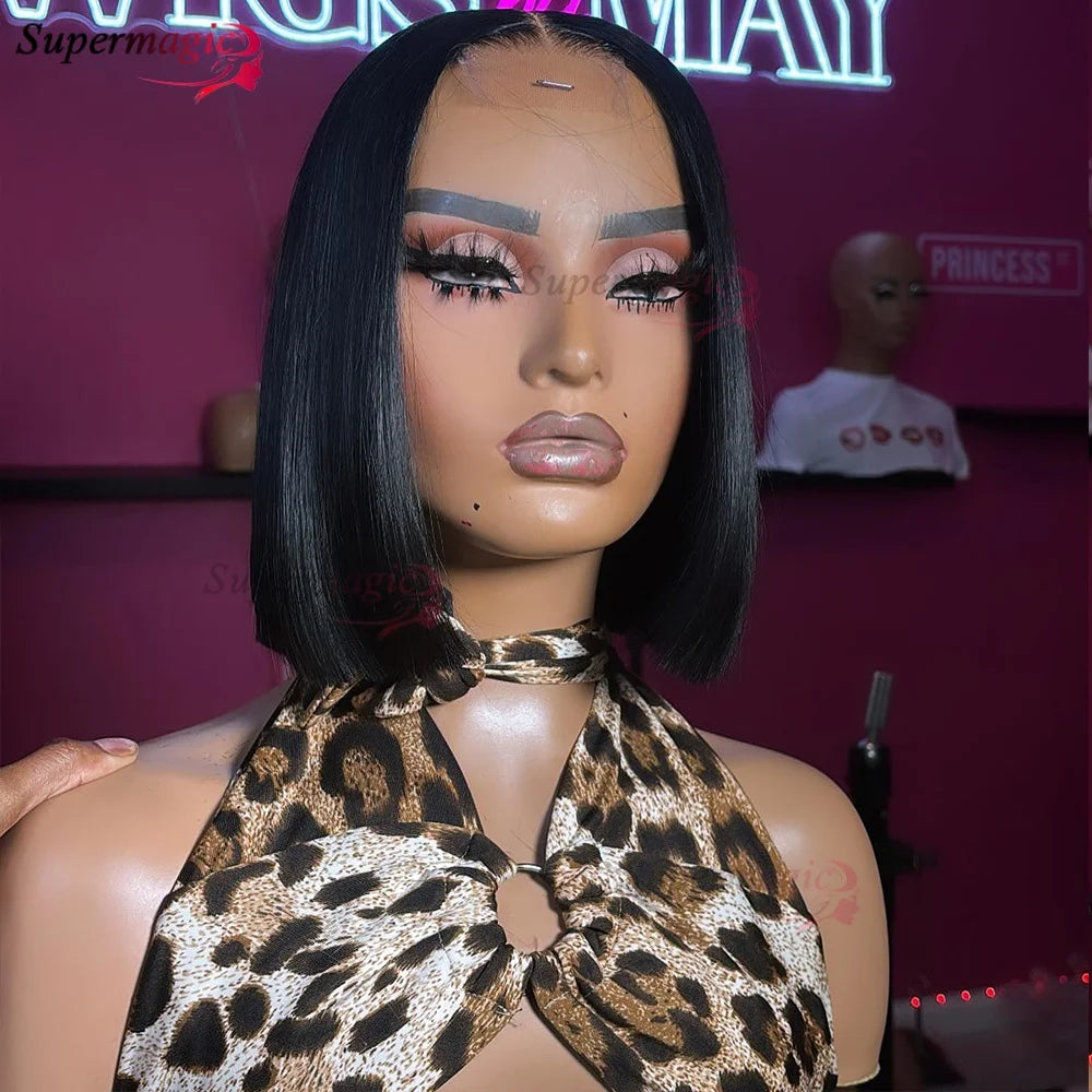 Vietname Super Double os tiré droit 2x6 dentelle fermeture Bob perruque avec 100% cheveux humains Nature noir 300 densité pour les femmes noires