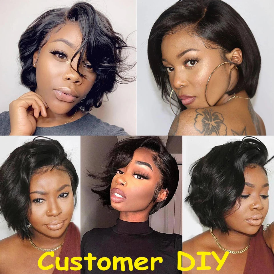 Cheveux humains 13X2 perruques courtes coupe lutin perruques droites Bob HDTransparent dentelle frontale perruques pour les femmes noires 250 densité Perruque pas cher