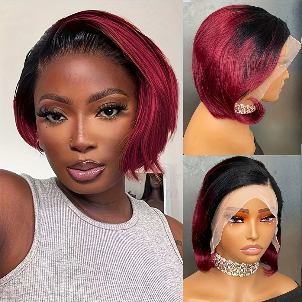 OmbreT1B/99J court coupe lutin malaisien Remy Perruques de cheveux humains à porter sans colle Cheveux raides Perruques Bob Court Cheveux Humains