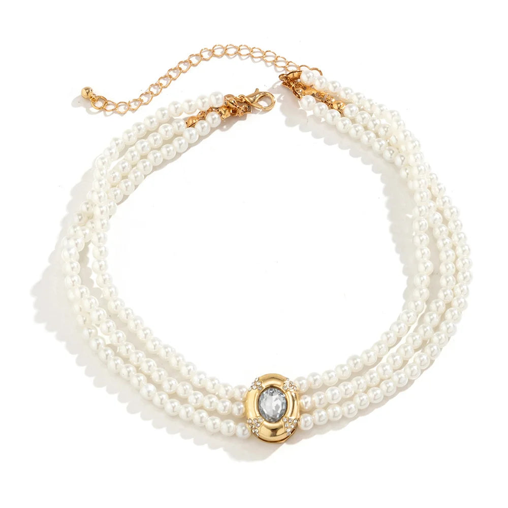 Colliers ras du cou Vintage multicouches pour femmes, Imitation de perles, strass ovales de luxe, accessoires bijoux pour fête de mariage