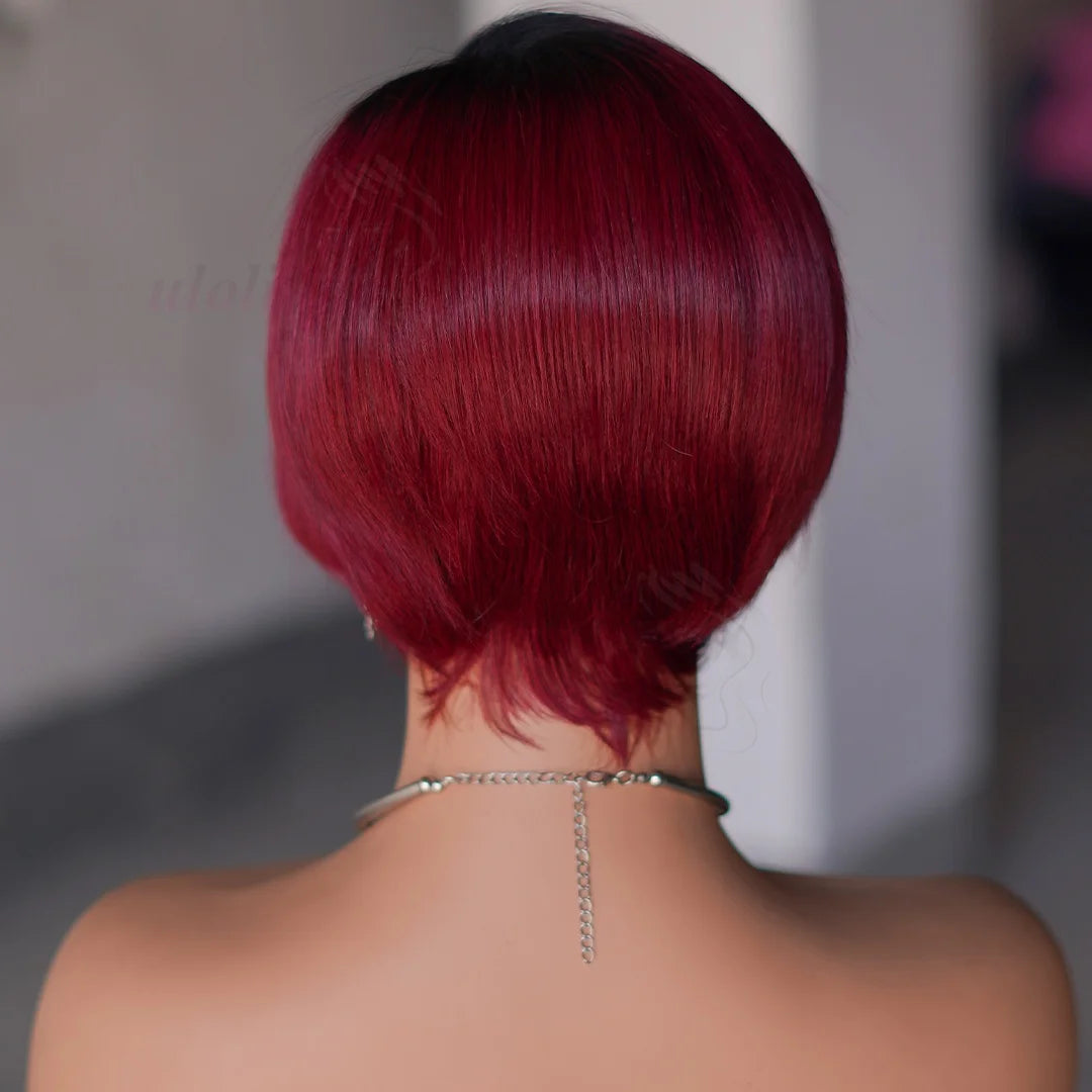 Perruque bob courte T1B/99J en cheveux humains malaisiens Remy, raides, à porter sans colle, style coupe lutin