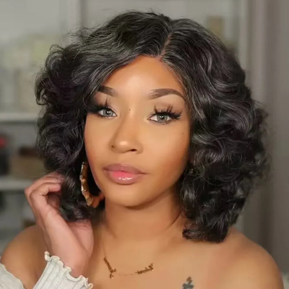 LULUCHIC 250% femmes naturel pleine poivre avec moins gris coiffure vague lâche Bob vrais cheveux humains 4x4 HD dentelle perruques partie latérale