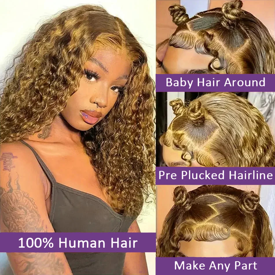 Ombre mettre en évidence P4/27 péruvien Remy cheveux courts Bob perruques de cheveux humains perruque Blonde profonde bouclée Bob perruque 13x4 dentelle avant perruques pour les femmes