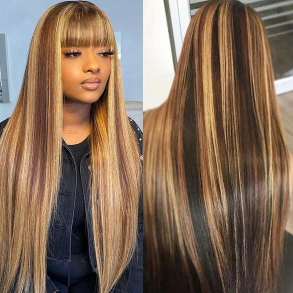Malaisie perruque de cheveux humains avec frange Ombre mettre en évidence brun cheveux raides perruques de cheveux humains pour les femmes 180D perruque Machine