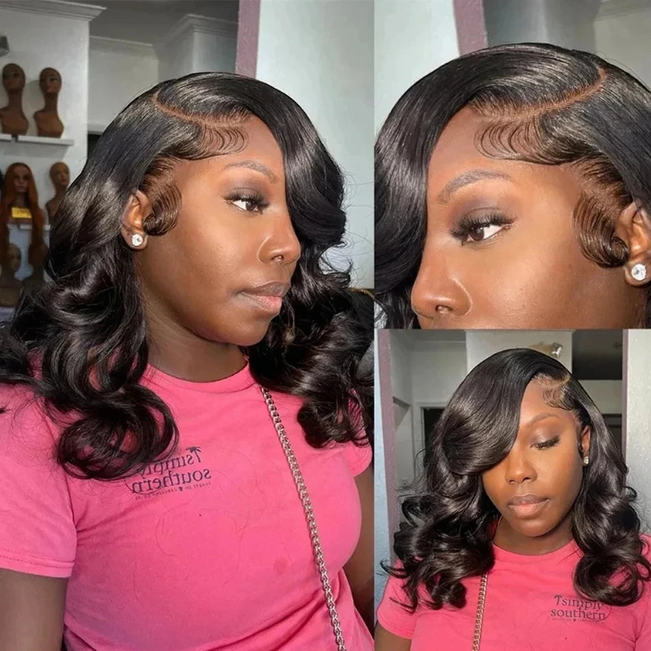 Perruque bob Body Wave “Wear and Go” en cheveux humains péruviens, dentelle frontale, sans colle, prête à porter, couleur naturelle