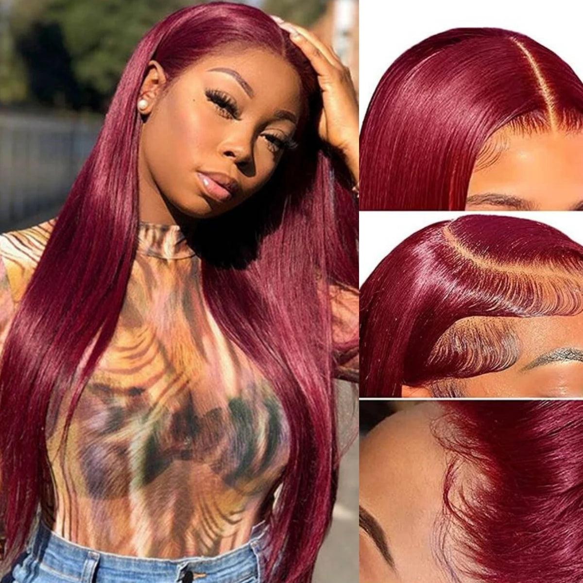 Perruque brésilienne droite bordeaux pour femme, dentelle transparente, cheveux humains, couleur rouge, pré-plumée, 99J, 13x4