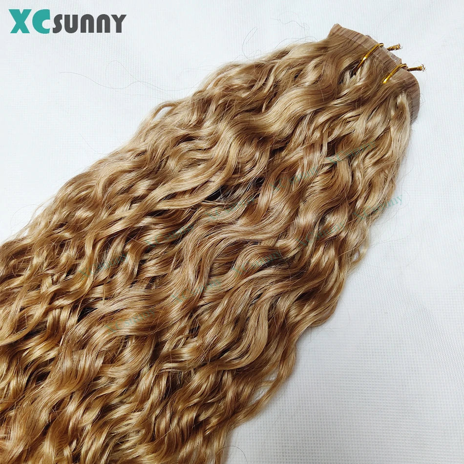 Extensions de Cheveux Humains Bouclés à réinitialisation en PU pour Femme, Sans Couture, 27 Blonde