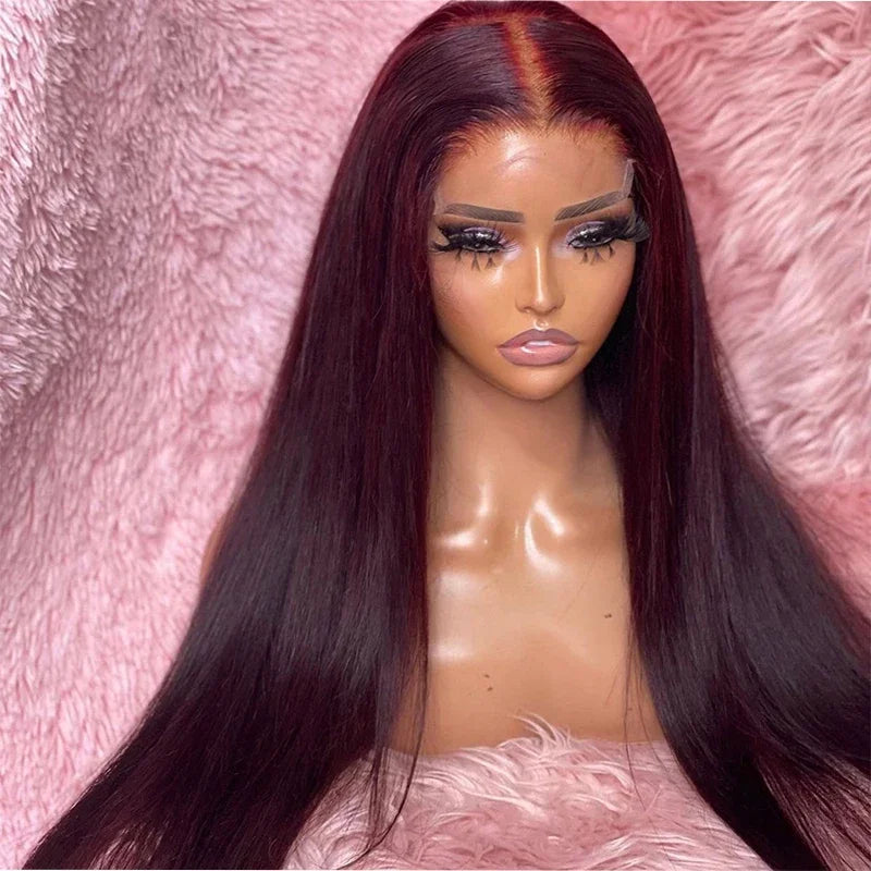 Perruque de luxe Bordeaux en dentelle frontale – cheveux soyeux, baby hair, ligne naturelle, longue et volumineuse 180 % (Bergame)