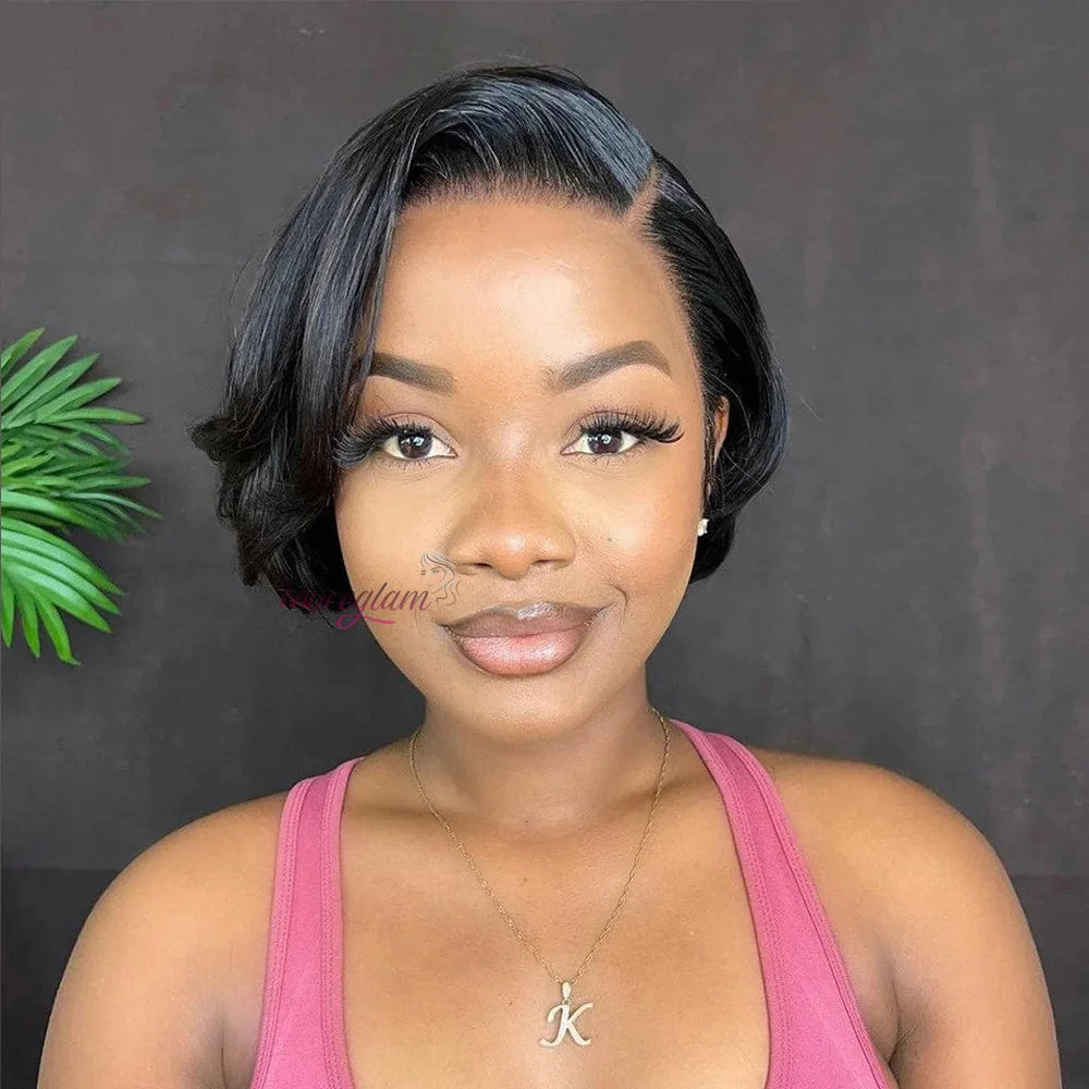 Perruque bob courte T1B/99J en cheveux humains malaisiens Remy, raides, à porter sans colle, style coupe lutin