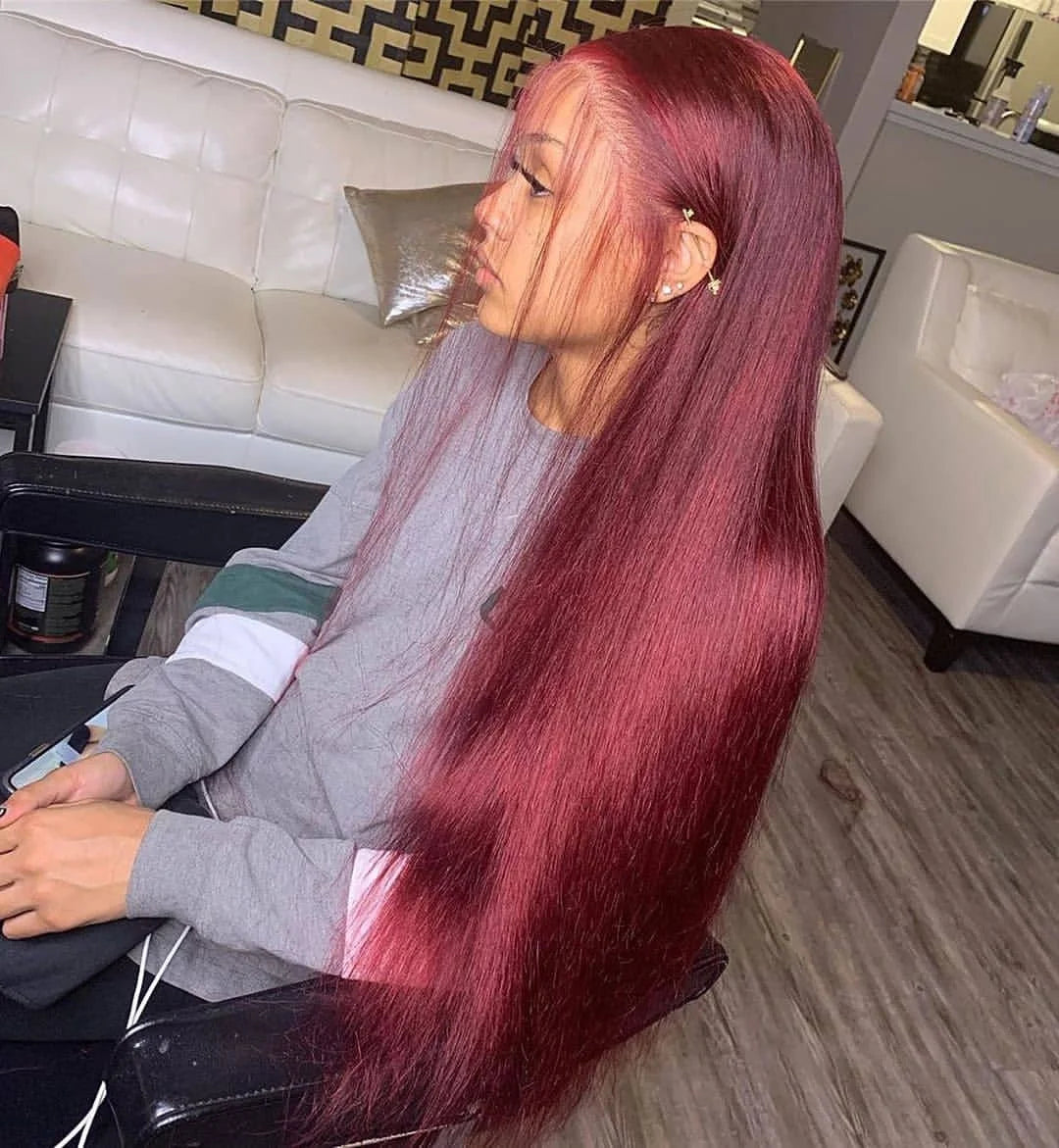 Perruque brésilienne droite bordeaux pour femme, dentelle transparente, cheveux humains, couleur rouge, pré-plumée, 99J, 13x4