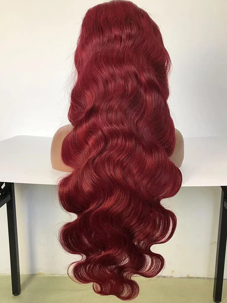 Perruque Lace Front Wig Body Wave Brésilienne Naturelle, Cheveux Humains, Couleur Bordeaux 99J, 13x6, Transparent HD