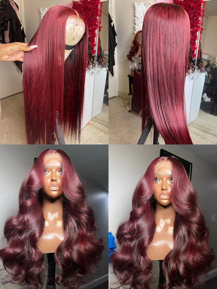 Perruque Lace Front Wig Body Wave Brésilienne Naturelle, Cheveux Humains, Couleur Bordeaux 99J, 13x6, Transparent HD