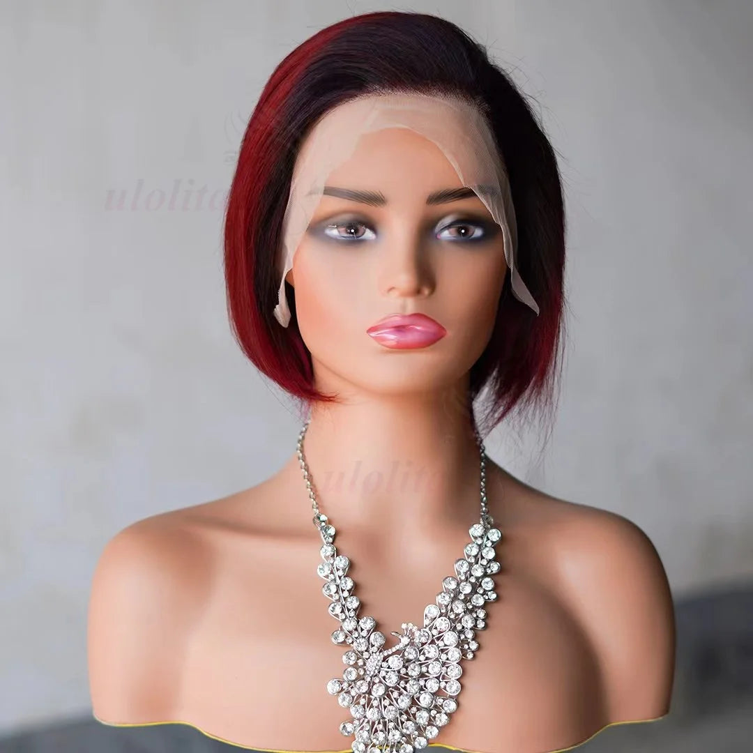 Perruque bob courte T1B/99J en cheveux humains malaisiens Remy, raides, à porter sans colle, style coupe lutin