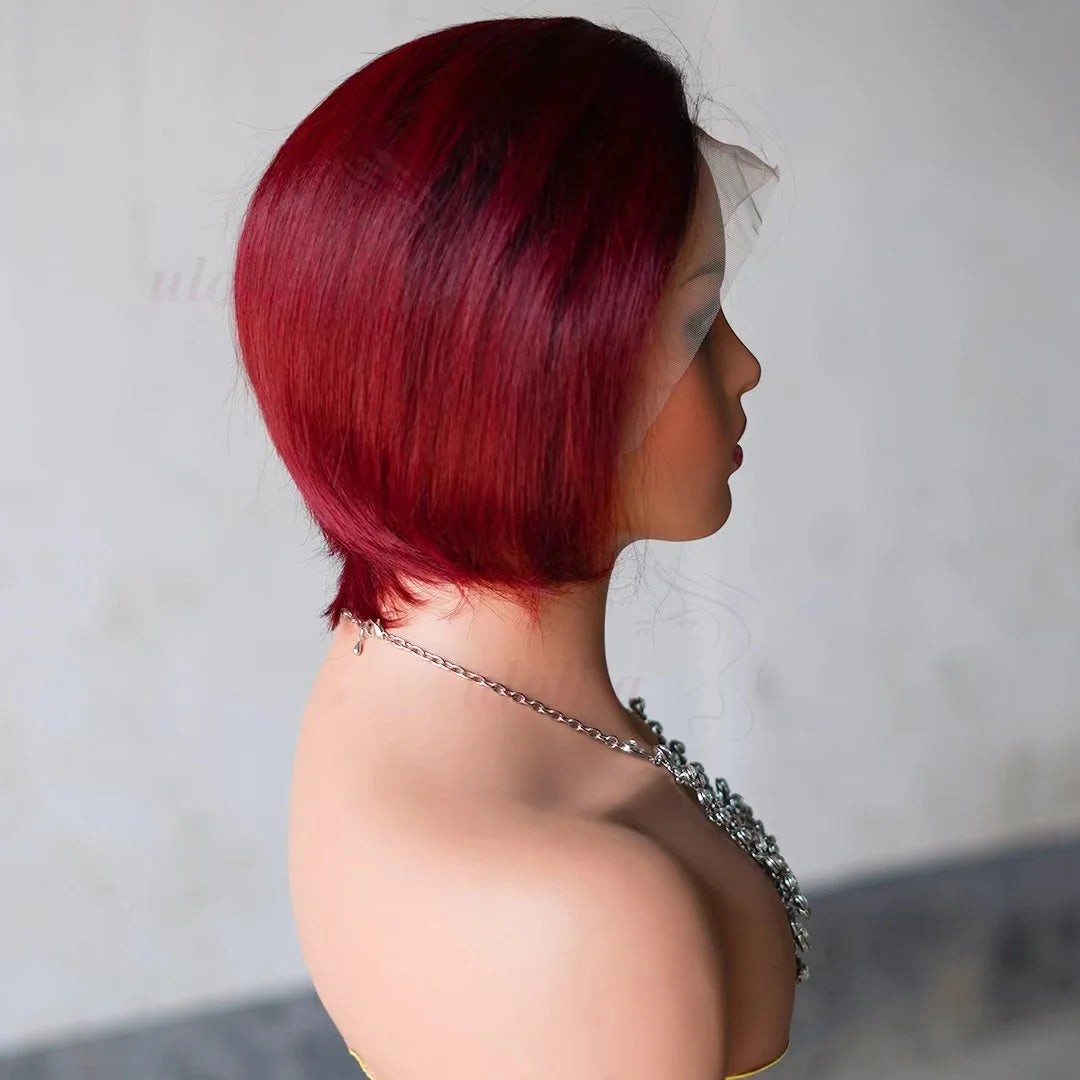 Perruque bob courte T1B/99J en cheveux humains malaisiens Remy, raides, à porter sans colle, style coupe lutin