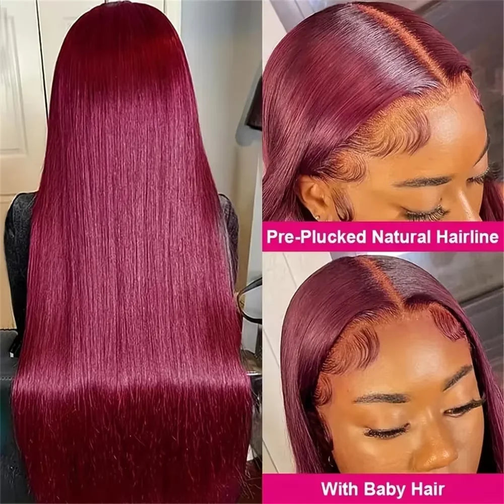 Perruque Lace Front Wig naturelle lisse, cheveux humains, couleur bordeaux 99J, haute densité 200, 13x6, HD, ultraviolette, 13x4, pour femmes