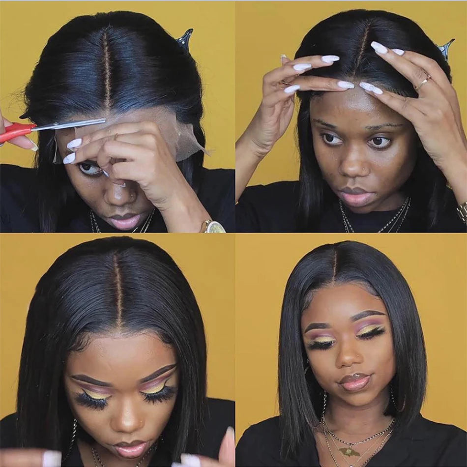 Wear matchs Go-Perruque Bob Brésilienne Naturelle, Cheveux Courts Lisses, Sans Colle, HD, Lace Front Transparente, 180%