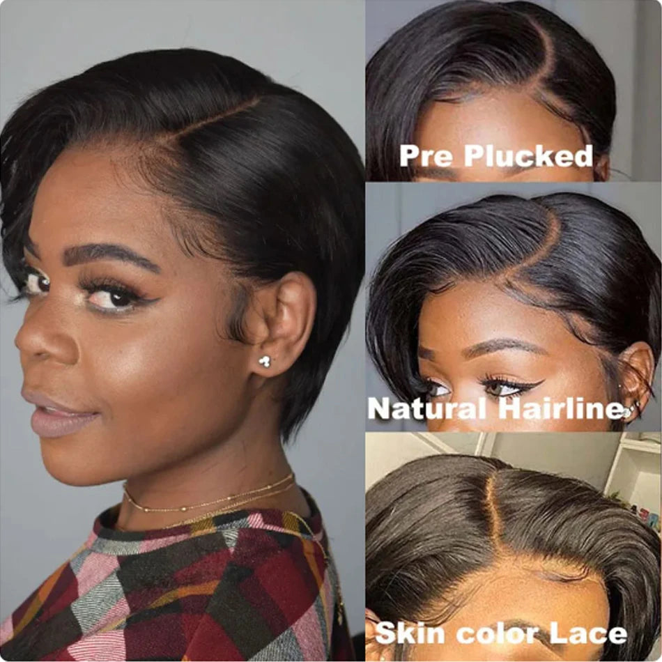 Cheveux humains 13X2 perruques courtes coupe lutin perruques droites Bob HDTransparent dentelle frontale perruques pour les femmes noires 250 densité Perruque pas cher