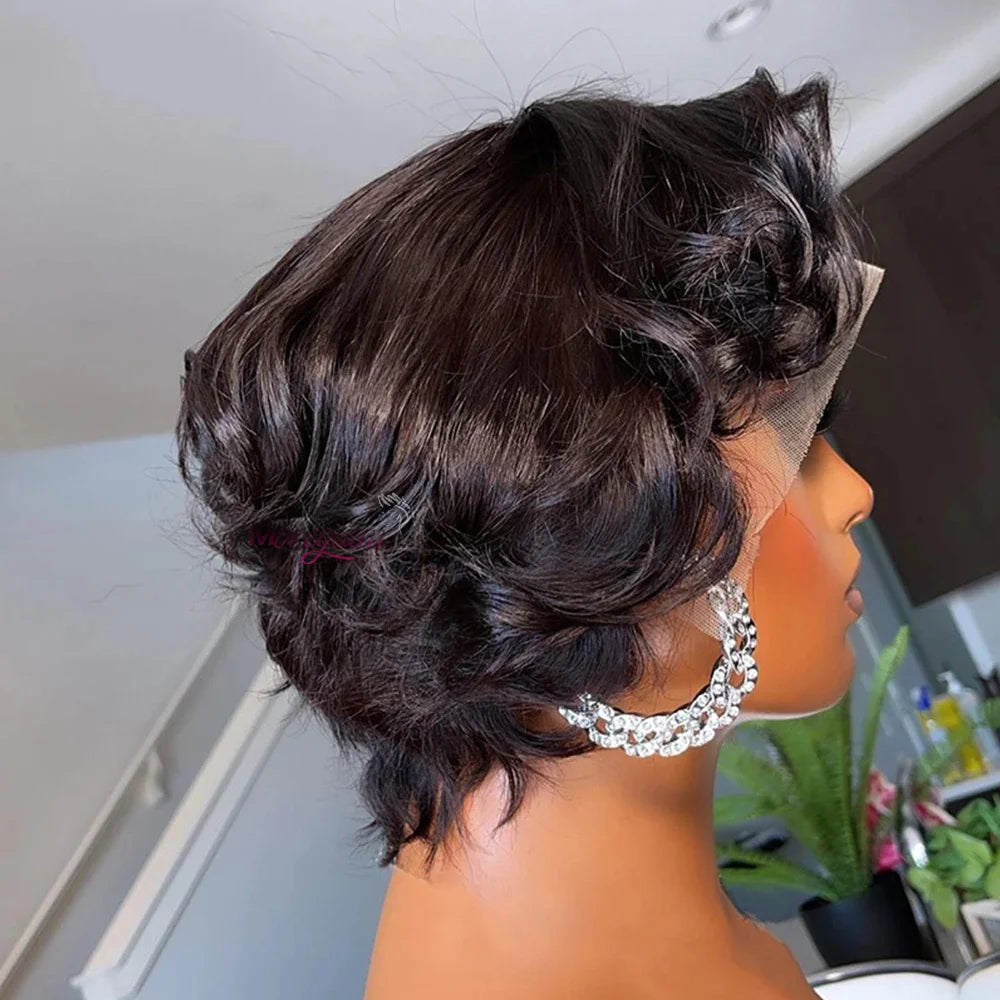 Perruque bob courte T1B/99J en cheveux humains malaisiens Remy, raides, à porter sans colle, style coupe lutin