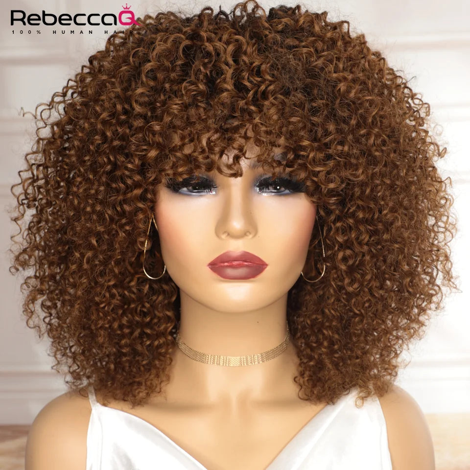 Grande perruque bouclée avec frange cheveux humains courts Afro crépus bouclés perruque couleur marron sans colle pleine Machine faite perruque 250 densité brésilienne