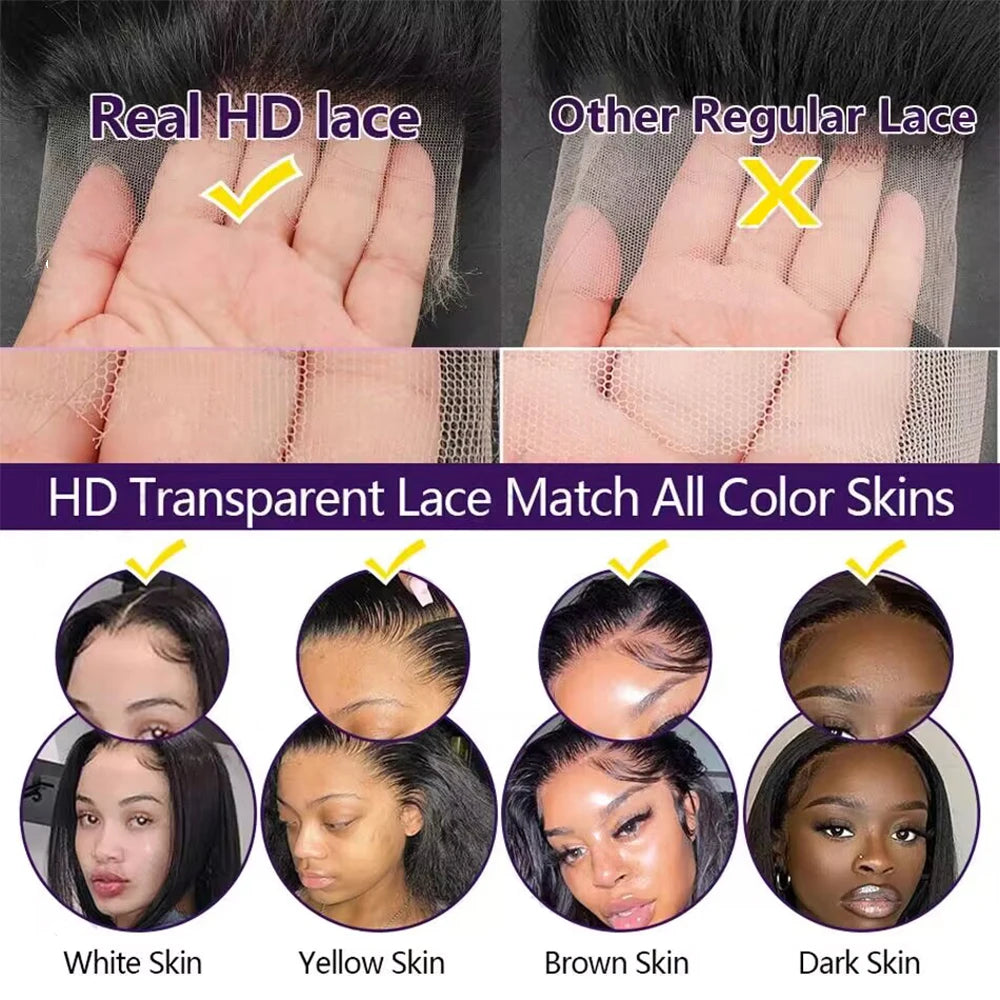 40 46 pouces 13x4 13x6 pleine frontale HD dentelle transparente longue vague profonde brésilienne Remy cheveux humains pré plumés perruques 200 densité