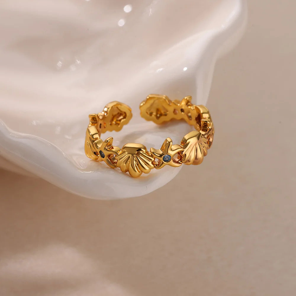 Bagues ouvertes en forme d'étoile de mer pour femmes, couleur or, en acier inoxydable, pour l'été, plage, esthétique, étanche, bijoux cadeau