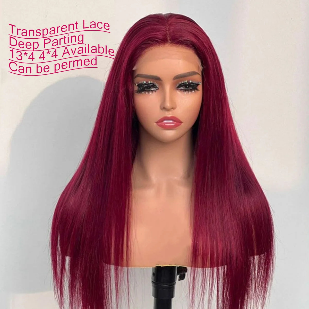 Perruque brésilienne droite bordeaux pour femme, dentelle transparente, cheveux humains, couleur rouge, pré-plumée, 99J, 13x4