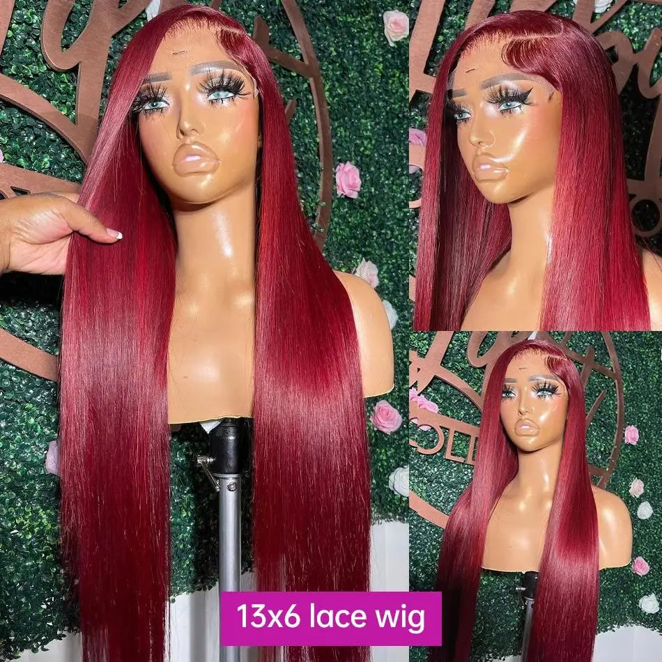 Perruque Lace Frontal Wig naturelle lisse bordeaux 99j, 40 pouces, 13x6, perruque Lace Frontal Wig HD transparente, couleur rouge, pour femmes