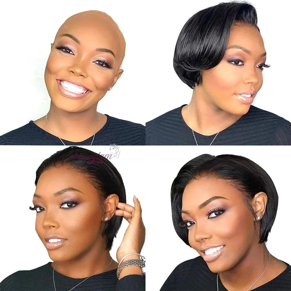 Perruque bob courte T1B/99J en cheveux humains malaisiens Remy, raides, à porter sans colle, style coupe lutin