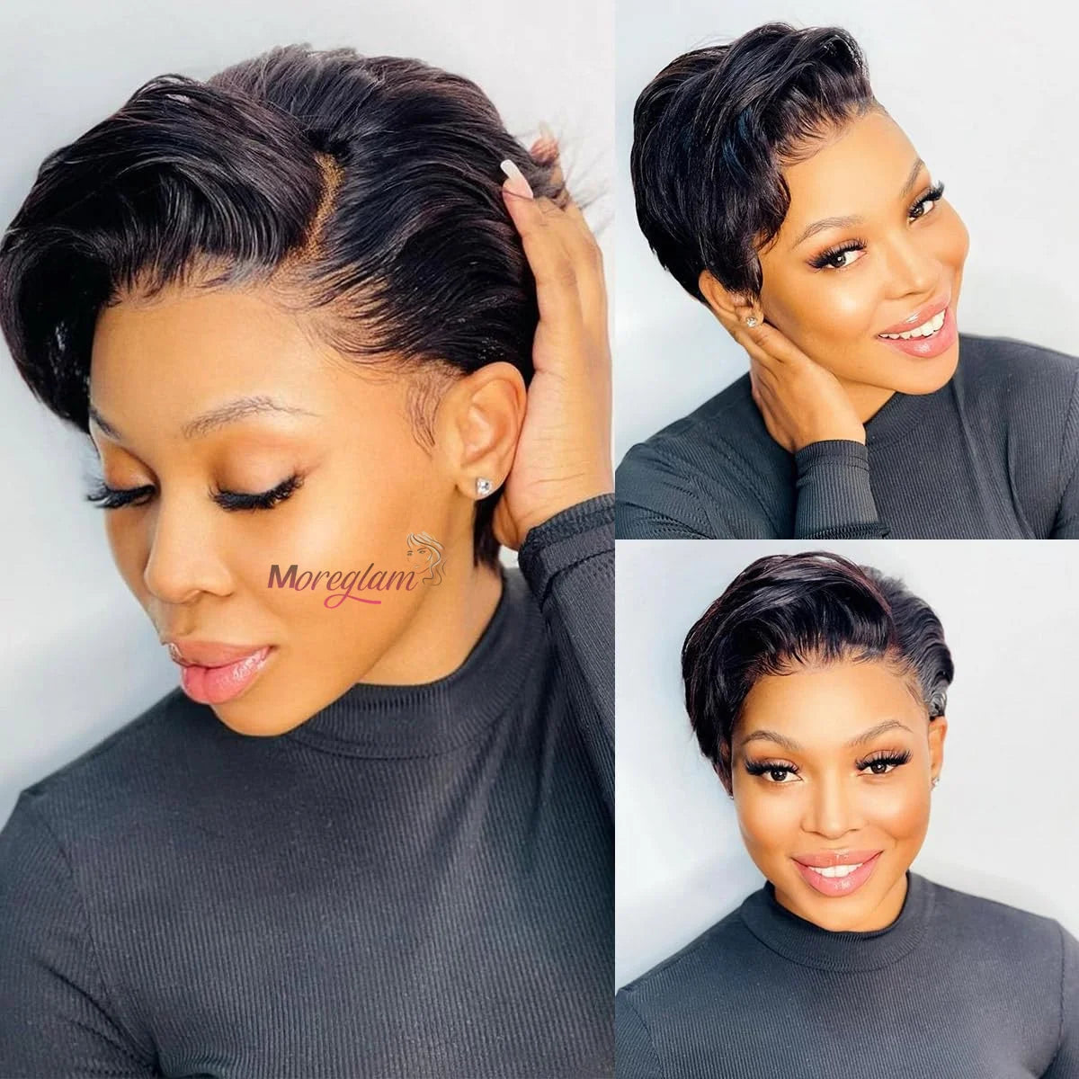 Perruque bob courte T1B/99J en cheveux humains malaisiens Remy, raides, à porter sans colle, style coupe lutin