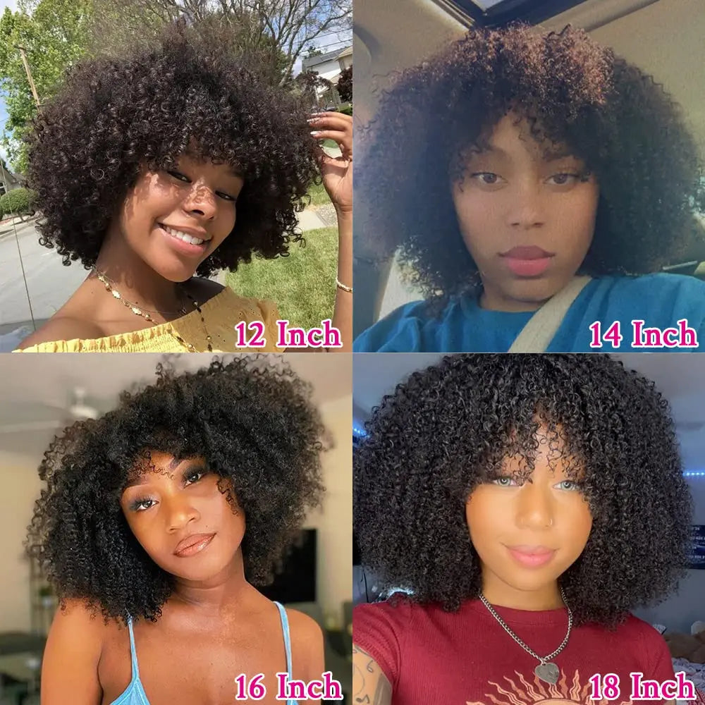 Perruques de cheveux humains Afro crépus bouclés avec frange 200% densité Remy cheveux humains sans colle perruque Afro bouclés frange perruques pour les femmes noires