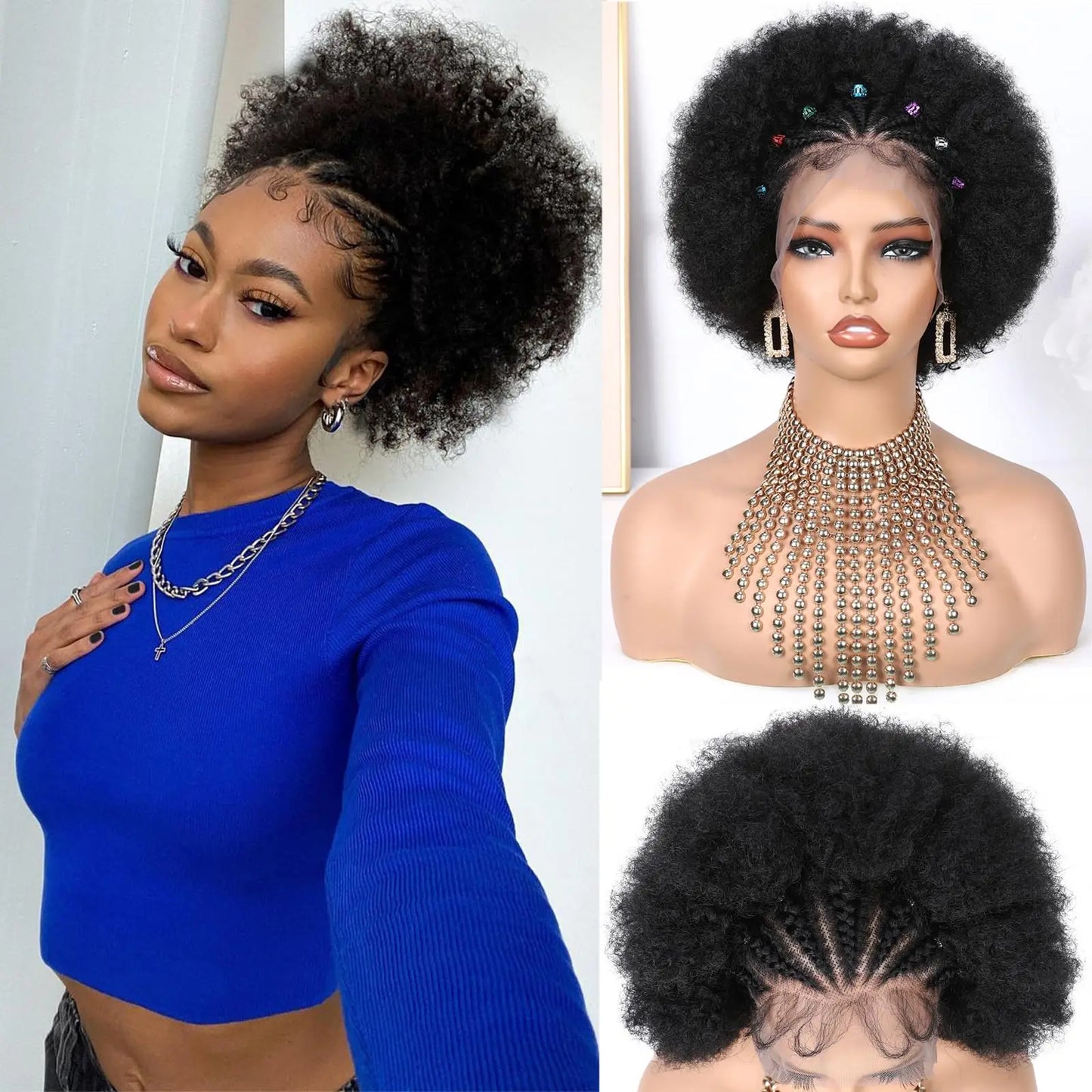 Perruque afro brésilienne Remy bouclée noire naturelle avec tresses, 6 amaran, 13x4, 100%