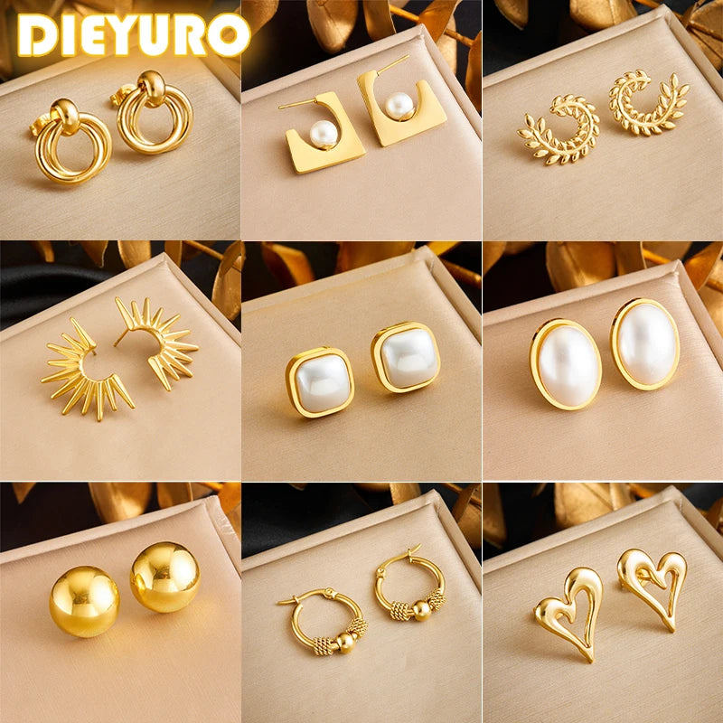 DIEYURO 316L acier inoxydable amour perle ronde carré en forme d'éventail conception irrégulière boucles d'oreilles femmes nouvelle tendance oreille bijoux cadeau fête